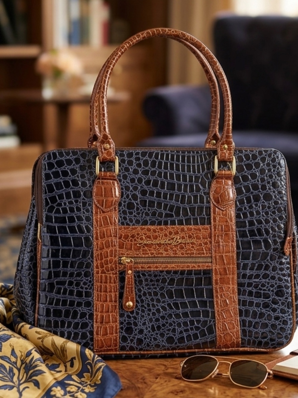 Samantha Brown Two-Tone Croc-Embossed Laptop Bag in Navy and Brown